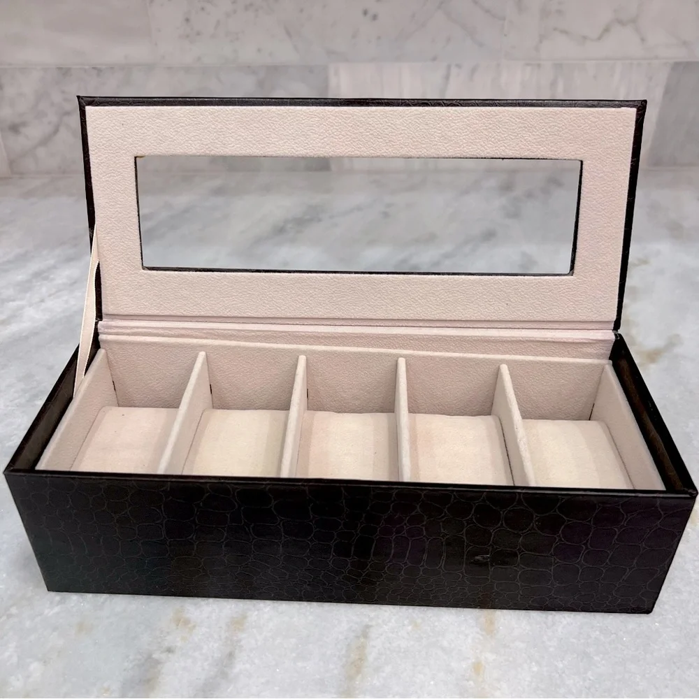 5 Slot Brown Crocodile Skin Pattern Leatherette Watch Box